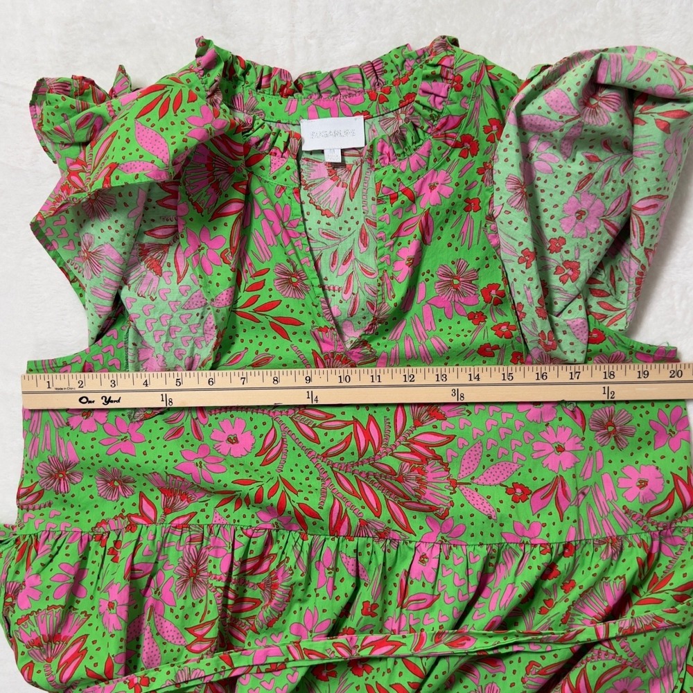 Sugarlips Tiered Midi Dress Sz M Green Pink Floral Ruffle Flutter Sleeve Belted - Picture 11 of 13